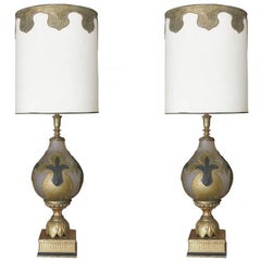 Hand Painted Impasto Frosted Glass Midcentury Table Lamp Pair with Shade