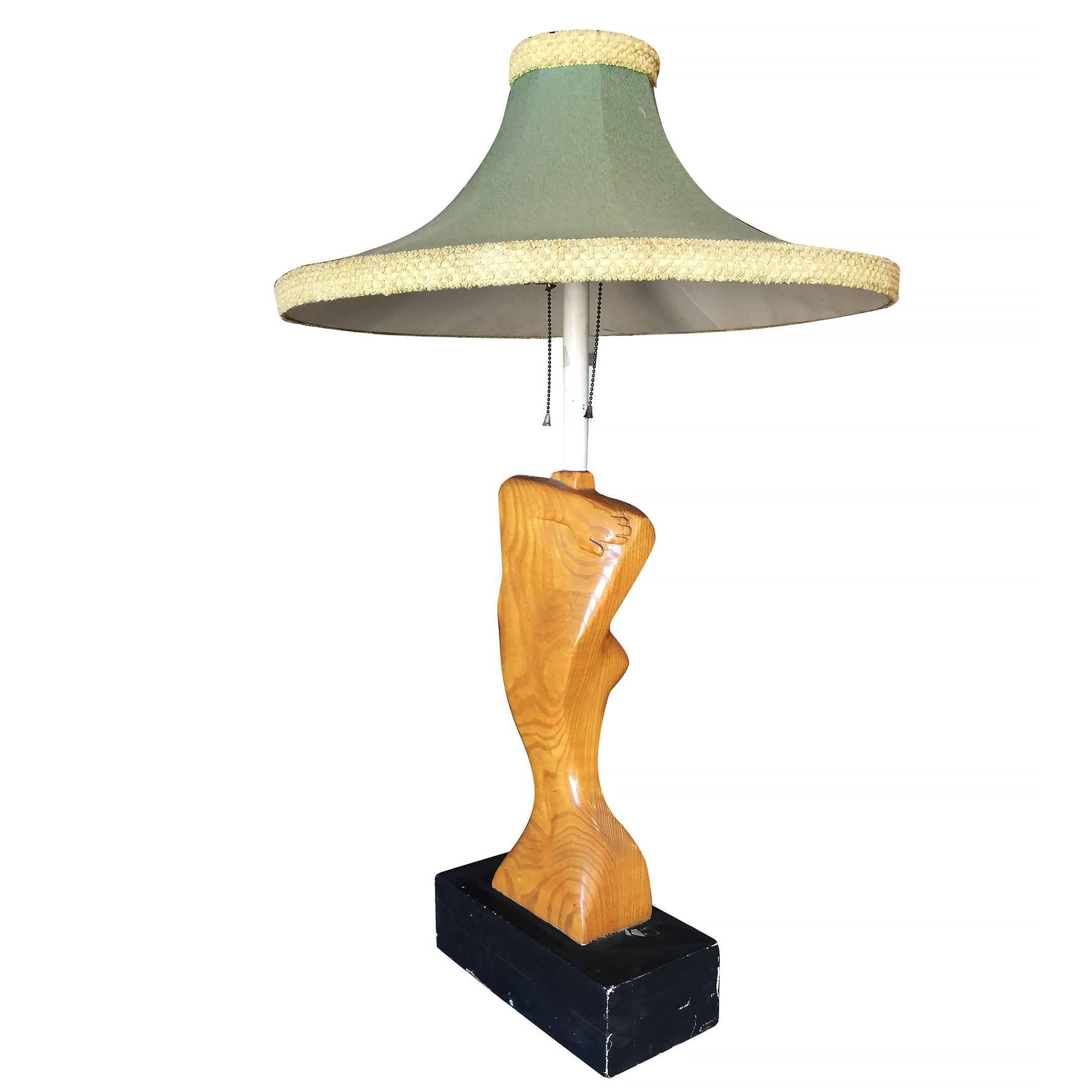 Mid-Century Modern Heifetz Style Hand Carved Abstract Nude Female Table Lamp with Shade