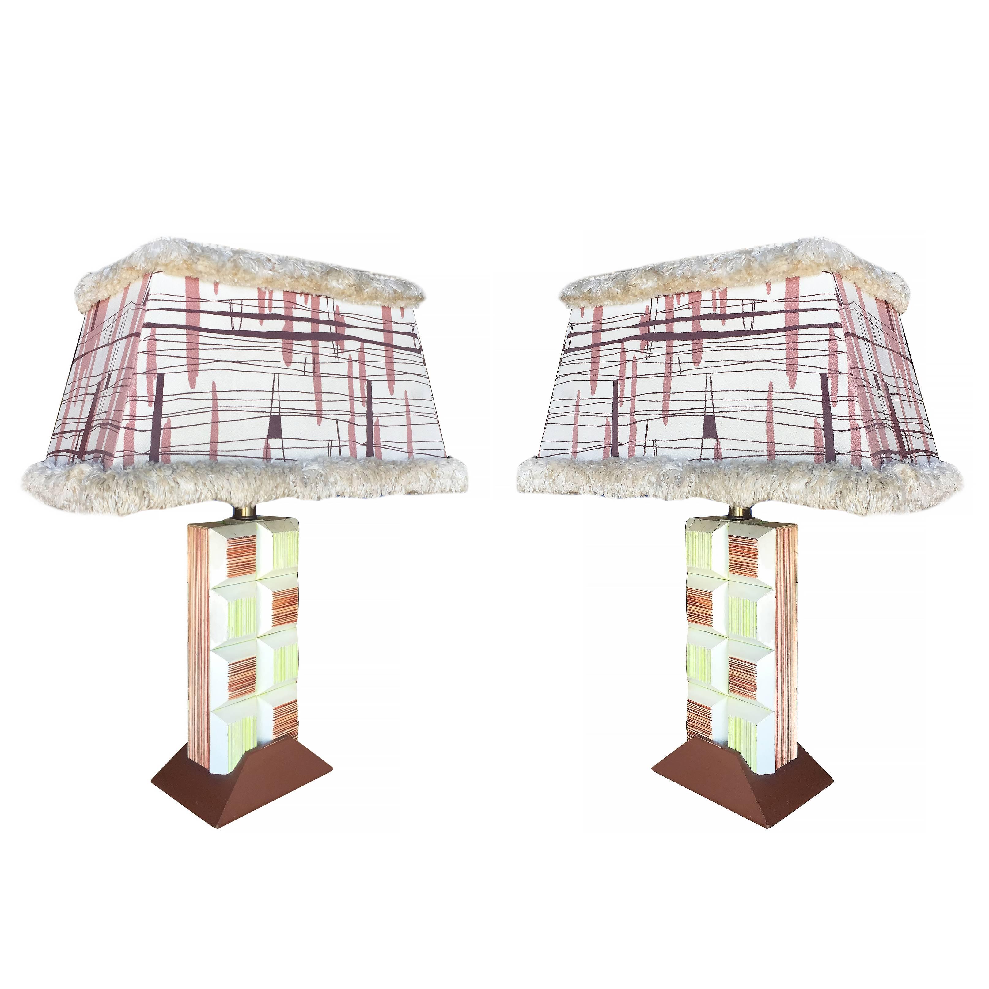 Midcentury Frankl Inspired Combed Cubist Block Table Lamp, Pair