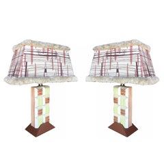 Midcentury Frankl Inspired Combed Cubist Block Table Lamp, Pair