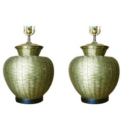 Elegant Woven Brass Table Lamps in the Style of Maitland Smith