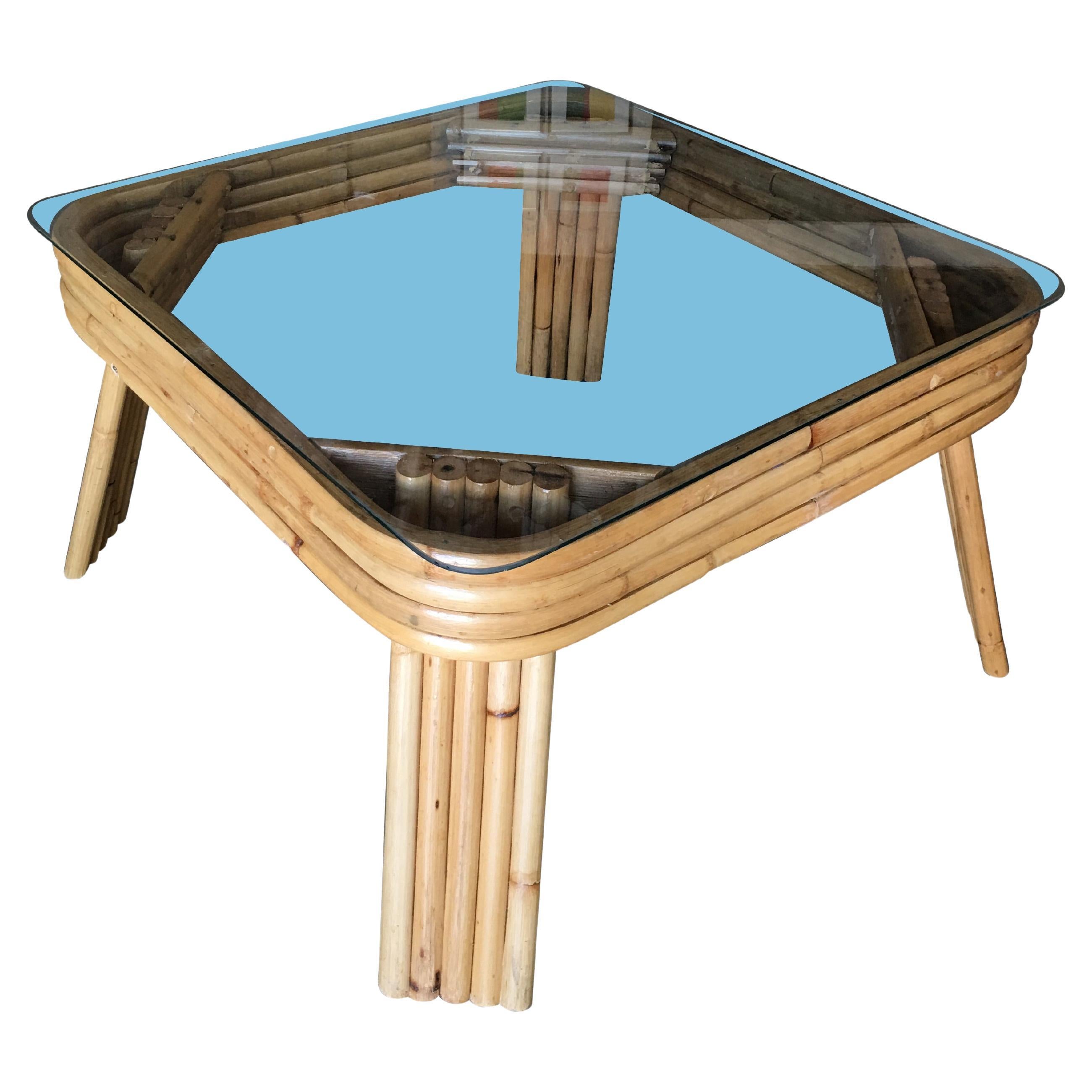 Restored 5-Strand Rattan Coffee Table with Square Glass Top For Sale