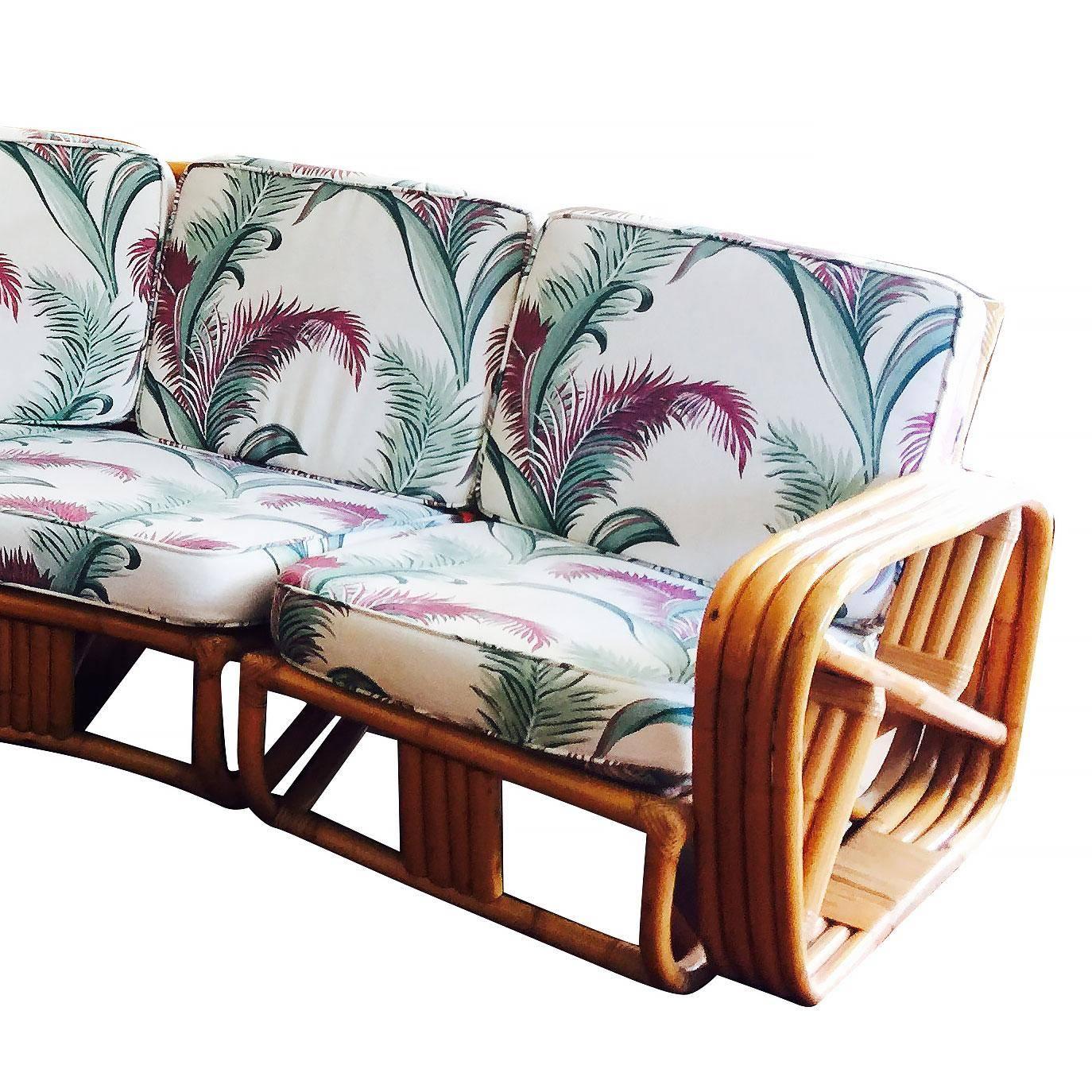 Mid-20th Century Restored Paul Frankl Four-Strand Rattan Six-Seat Round Sectional Sofa by Ritts