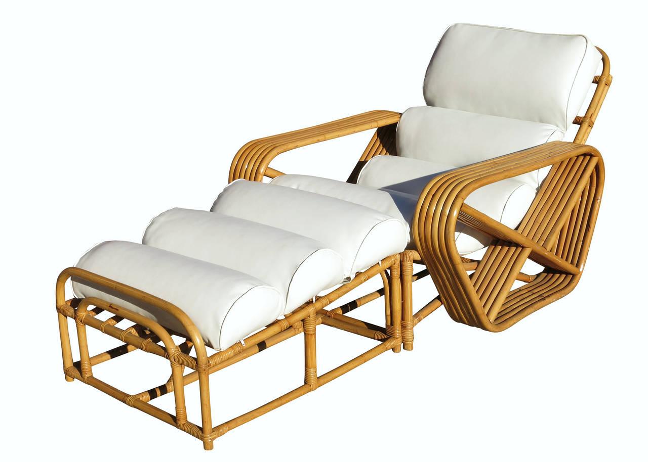 Made in the 1950's , this restored six-strand, rattan lounge chair features square pretzel arms with a matching fitted ottoman.

Inspired by Paul Frankl this lounge is one of the rarest of all designs. The workmanship is superior to most rattan out
