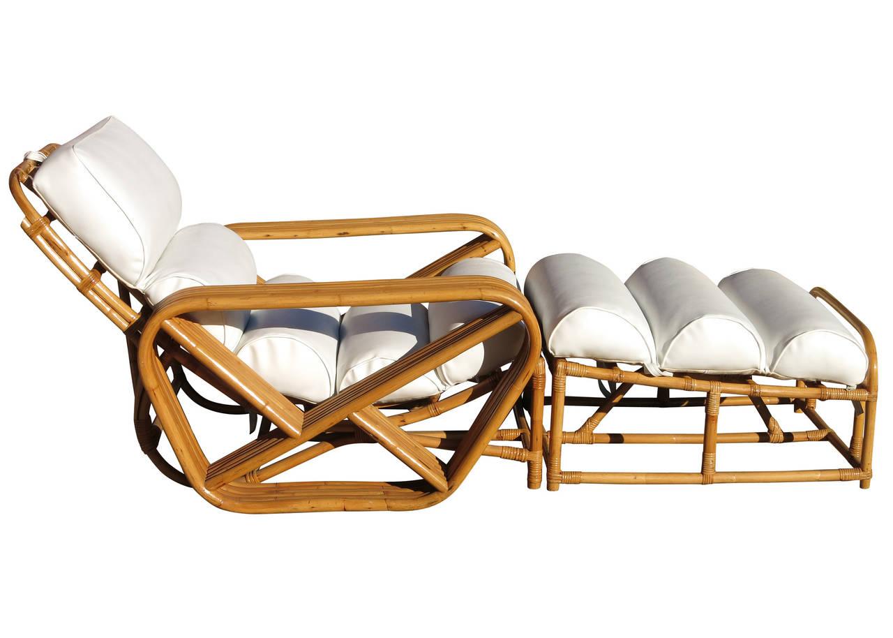 Art Deco Restored Mid Century Square Pretzel Rattan Lounge Chair with Ottoman