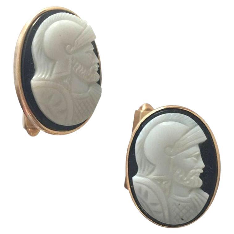 Hand Carved Shell "Knight" Cameo Cufflinks in 14-Karat with Bullet Back Clasp For Sale