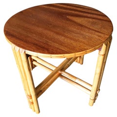Restored Rattan Vertically Stacked Circular Drink Side Table with Mahogany Top