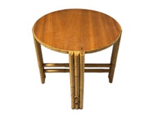 Restored Rattan Vertically Stacked Circular Drink Side Table with Mahogany Top