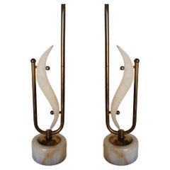 Retro Pair of Freeform Marble and Brass Abstract Sculptural Table Lamps