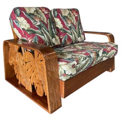 Post War Carved Koa Wood Tropical Mid Century Loveseat Sofa