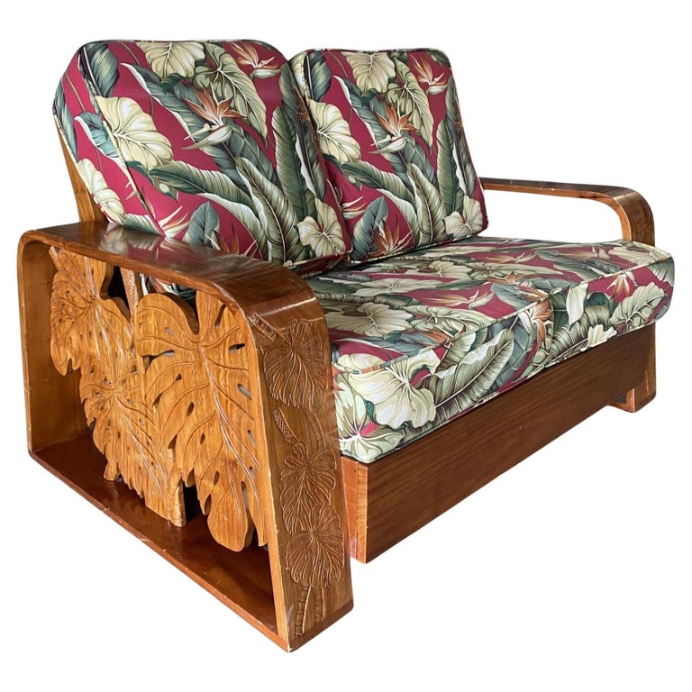 Post War Carved Koa Wood Tropical Mid Century Loveseat Sofa For Sale at