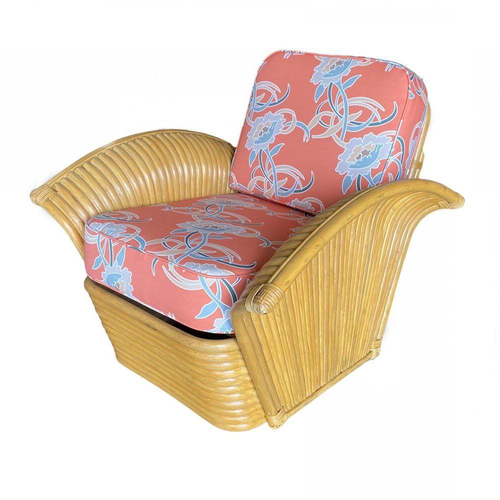 Restauriertes Paar „Goldene Mädchen“ Art-déco-Rattan-Fächerarm-Loungesessel (amerikanisch) im Angebot