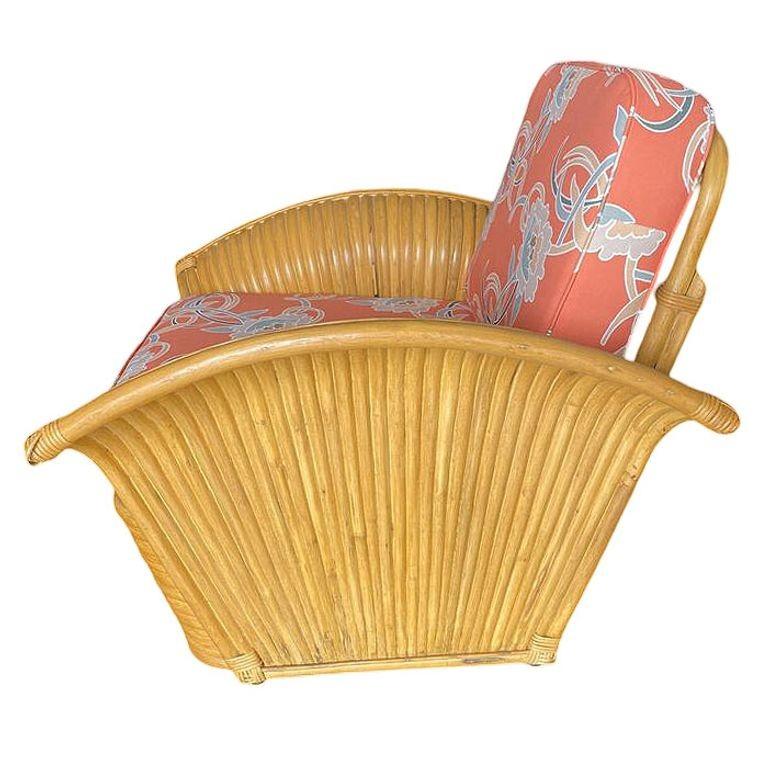Restauriertes Paar „Goldene Mädchen“ Art-déco-Rattan-Fächerarm-Loungesessel im Zustand „Hervorragend“ im Angebot in Van Nuys, CA