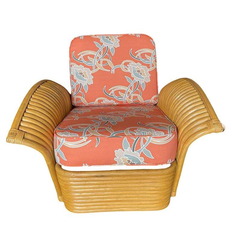 Restauriertes Paar „Goldene Mädchen“ Art-déco-Rattan-Fächerarm-Loungesessel (Art déco) im Angebot