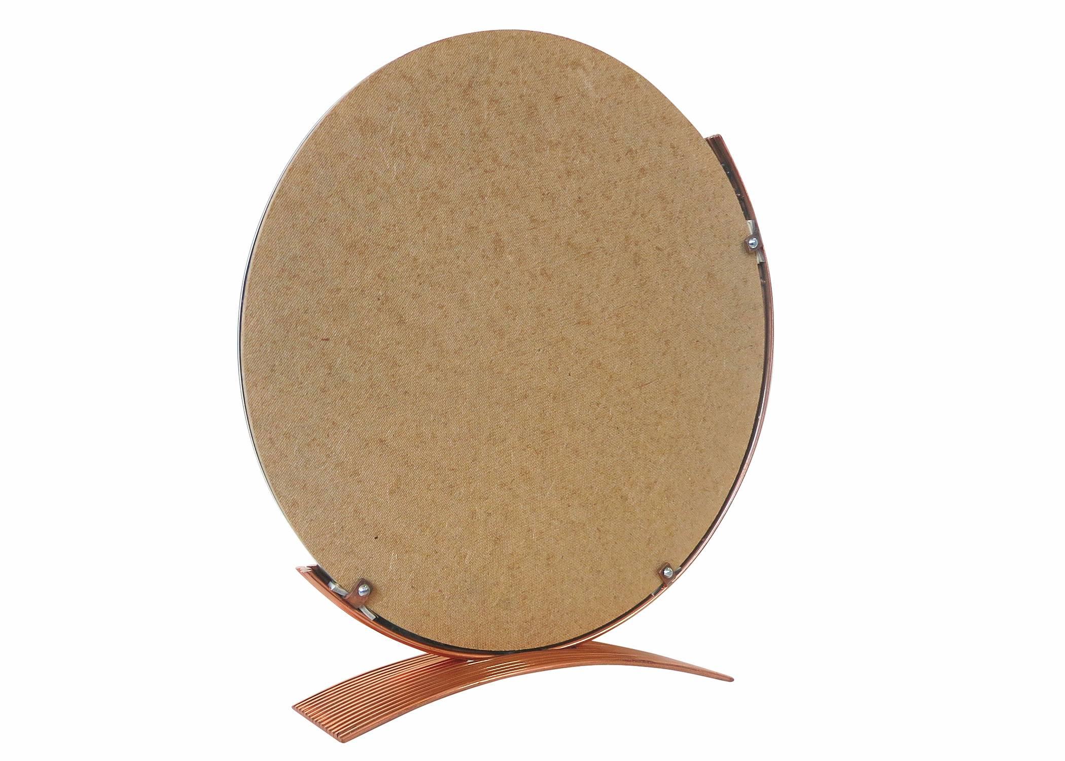 Round Art Deco Style Table Mirror with Copper Base In Excellent Condition In Van Nuys, CA