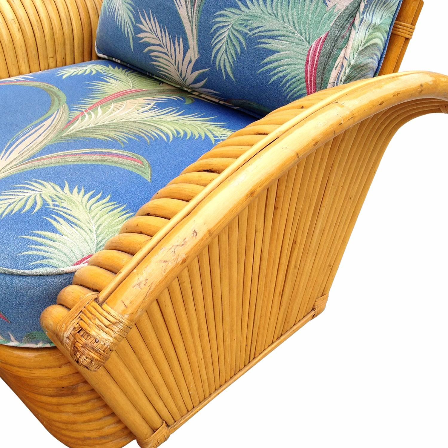American Restored Art Deco Rattan Fan Arm Lounge Chair with Ottoman, Super Rare