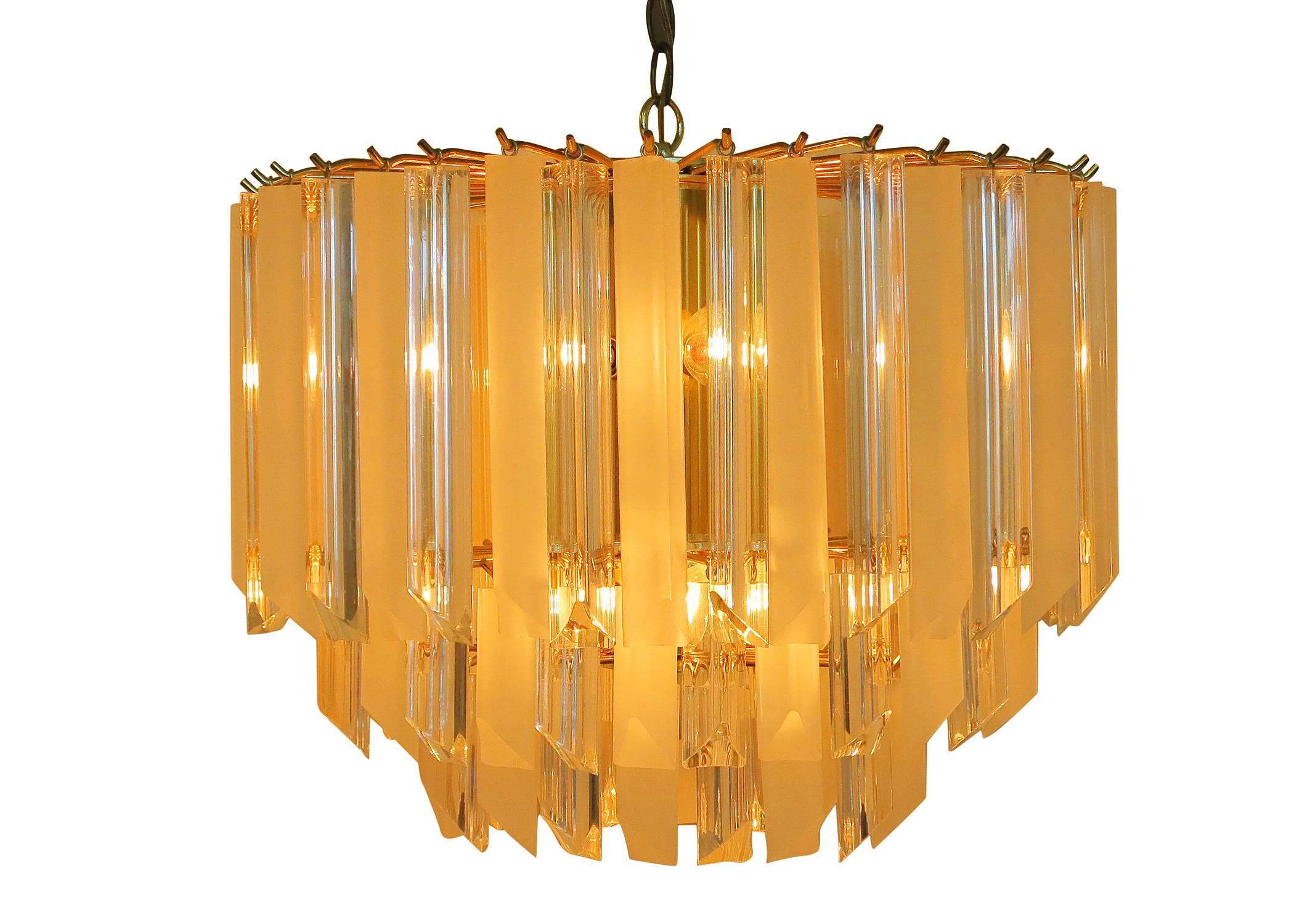 Brass Italian Tiered Lucite Prism Chandelier