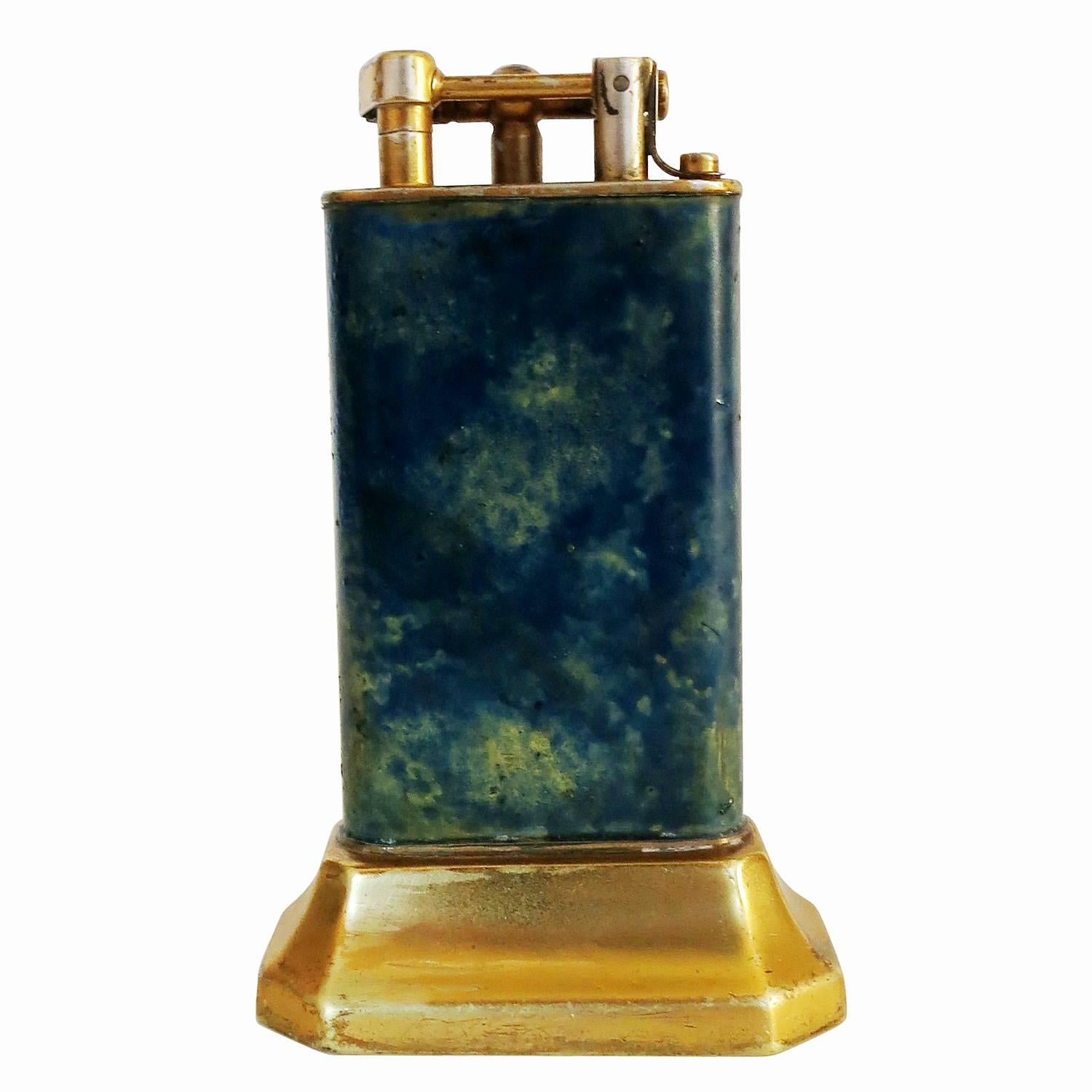 Brass Table Lighter with Enamel Surface by Dunhill  In Good Condition In Van Nuys, CA