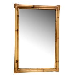 Restored Long Two-Strand Rattan Wall Mirror W/ Stick Reed Rattan Border