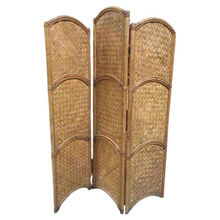 3 Panel Arched Wicker Woven & Rattan Folding Screen For Sale