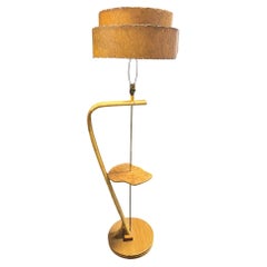 Restored Googie Asymmetric Pole Floor Lamp w/ Side Table & Fiberglass Shade