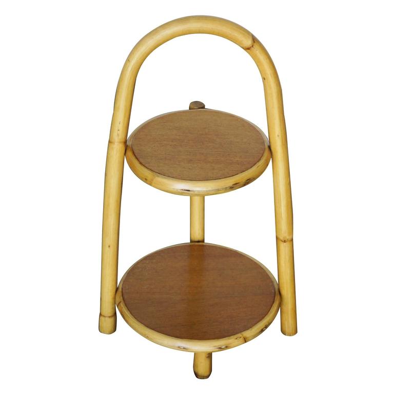 Restored Rattan TwoTier Side Table Drink Stand For Sale at 1stdibs