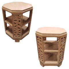 Cerused Oak Octiganal Tropical Side Table w/ Cut Outs, Pair Available