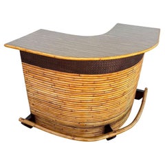 Vintage Horizontal Stacked Restored Rattan L-shaped Corner Bar w/ Foot Rest