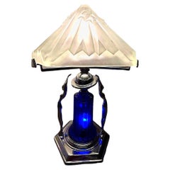 Frankart Era Art Deco Style Chrome & Cobalt Figural Lamp w/ Vivian Glass Shade