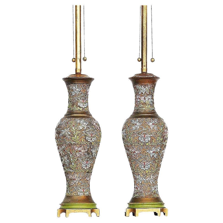Paire de lampes-vases en bronze cloisonné et émail de Mimi Lamps (Arts & Craft) en vente