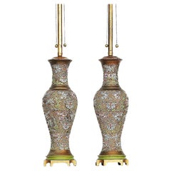 Antique Arts & Craft Chinese Bronze Cloisonné Enamel Vase Lamp by Mimi London, Pair