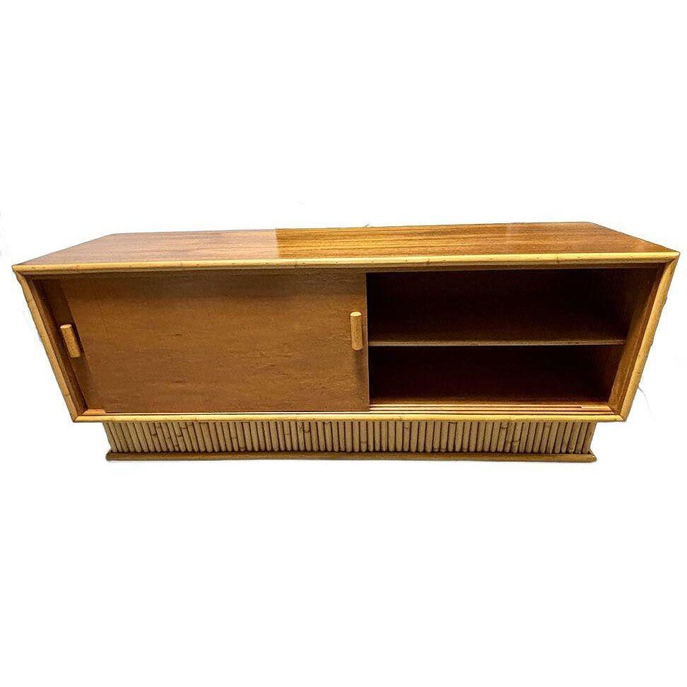 Restored Frankl Style Rattan & Mahogany Credenza TV Stand W/ Stacked Rattan Base In Excellent Condition For Sale In Van Nuys, CA