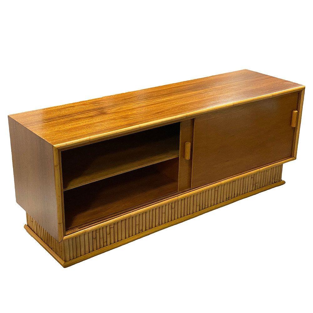 American Restored Frankl Style Rattan & Mahogany Credenza TV Stand W/ Stacked Rattan Base For Sale