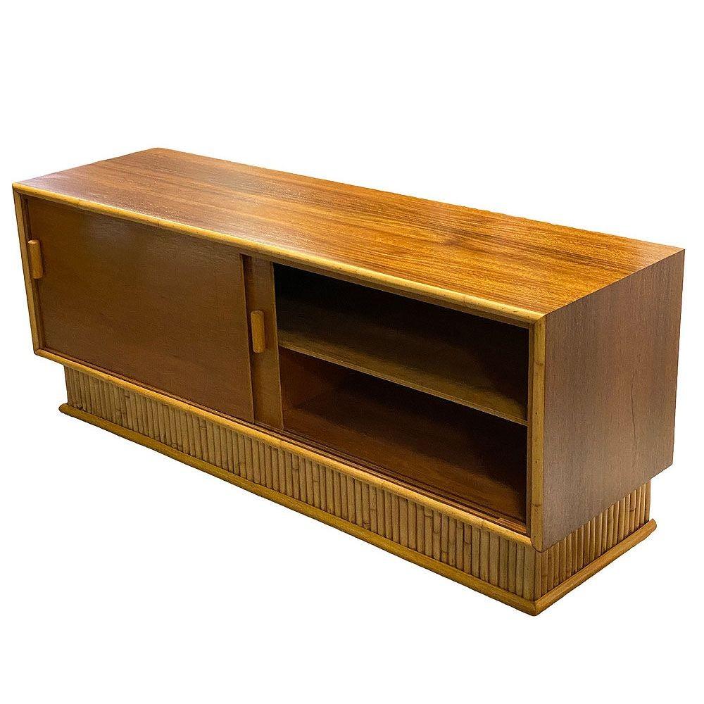 Mid-20th Century Restored Frankl Style Rattan & Mahogany Credenza TV Stand W/ Stacked Rattan Base For Sale