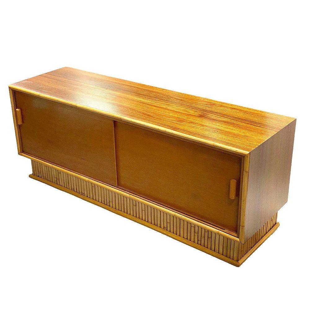 Mid-Century Modern Restored Frankl Style Rattan & Mahogany Credenza TV Stand W/ Stacked Rattan Base For Sale