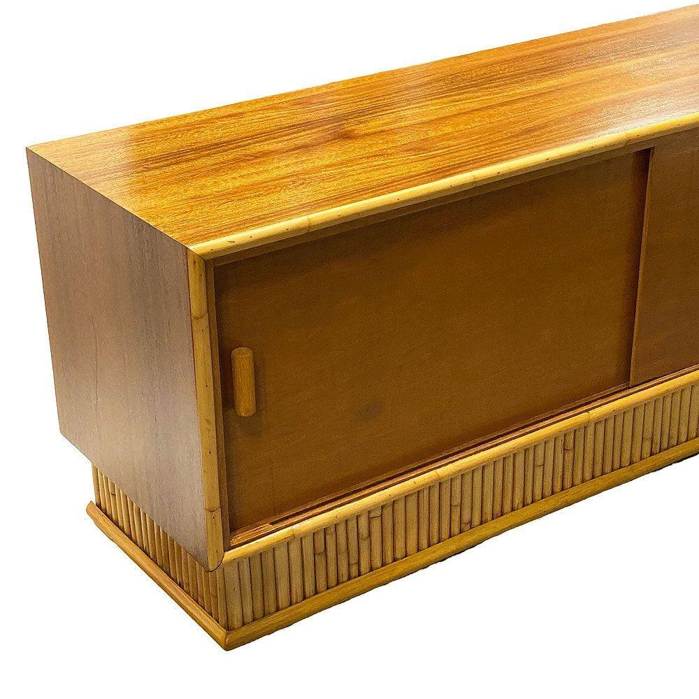 Restored Frankl Style Rattan & Mahogany Credenza TV Stand W/ Stacked Rattan Base For Sale 2