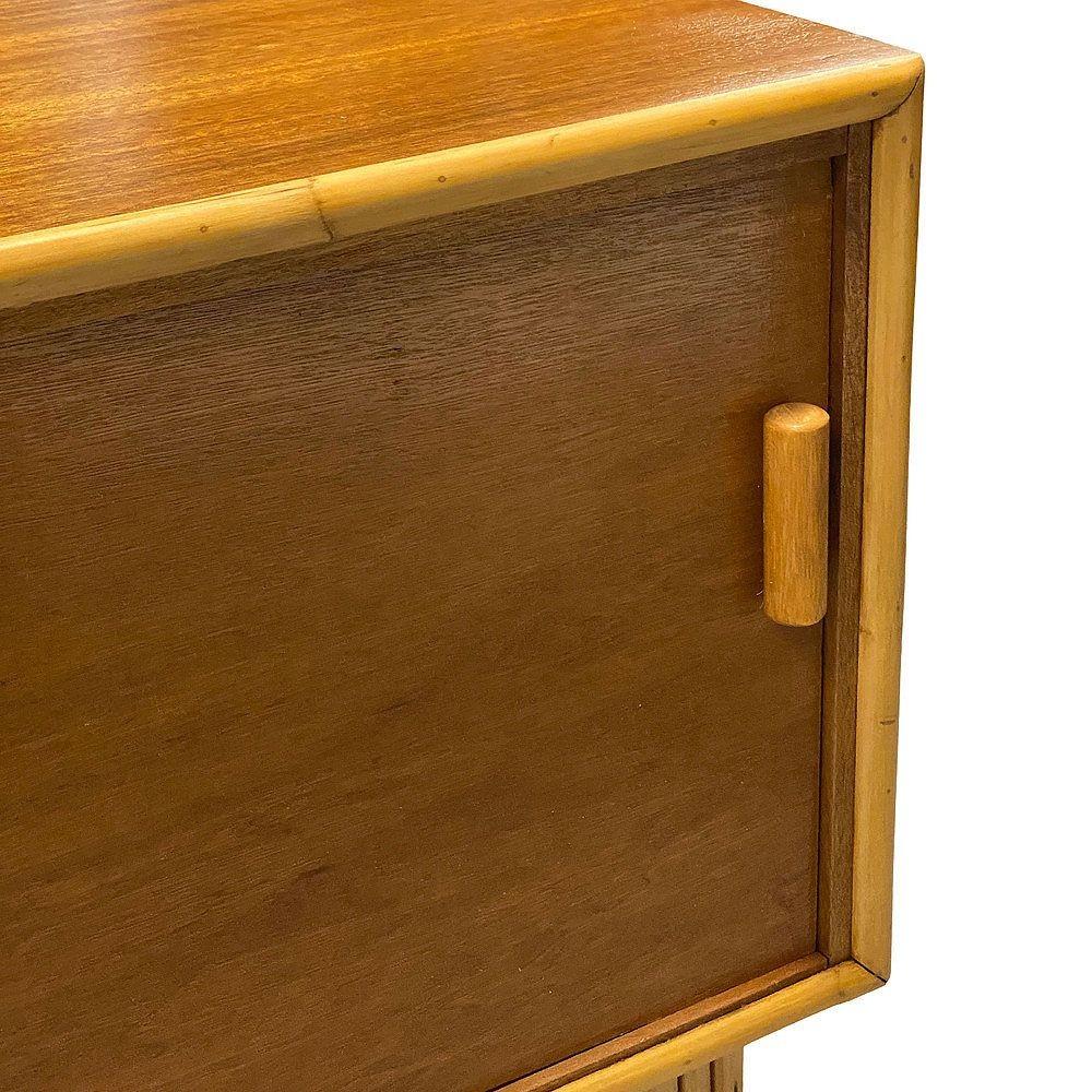 Restored Frankl Style Rattan & Mahogany Credenza TV Stand W/ Stacked Rattan Base For Sale 4