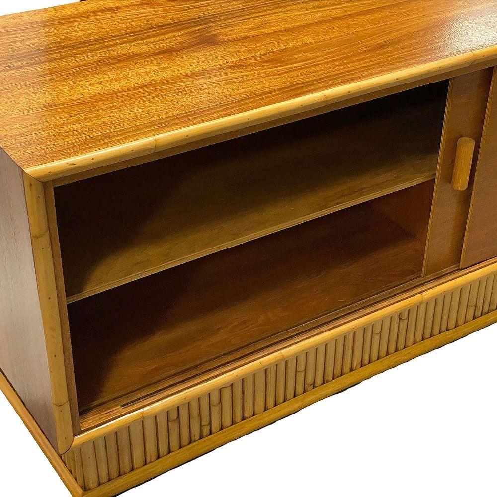Restored Frankl Style Rattan & Mahogany Credenza TV Stand W/ Stacked Rattan Base For Sale 3