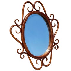 Late Victorian Thonet Style Scrolling Bent Oak Wall 30" Mirror