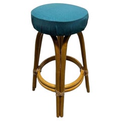 Restored MCM Single Stand Arched Rattan Bar Stool w/ Blue Seat, 8 Available