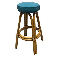 Restored MCM Single Stand Arched Rattan Bar Stool w/ Blue Seat, 8 Available