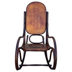 Late Victorian Oak Scrolling Rocking Chair w/ Art Nouveau Branded Seat, Fischel