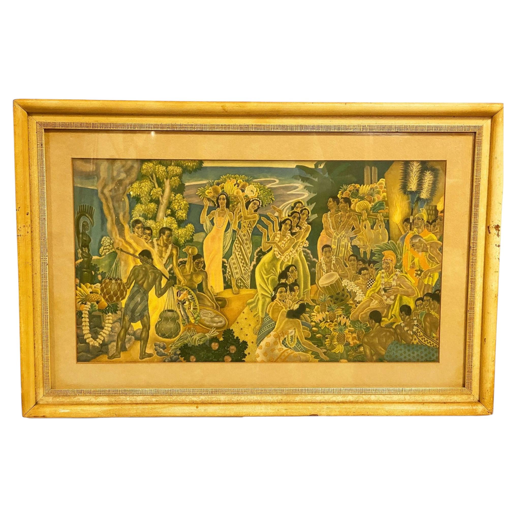 Eugen Savage "Festival of the Sea" Lurline Matson Lines Print in Bamboo Frame