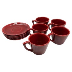 Mid-Century Burgundy "La Linda" Ceramic Coffee Mug w/ Saucer by Bauer, Set of 5