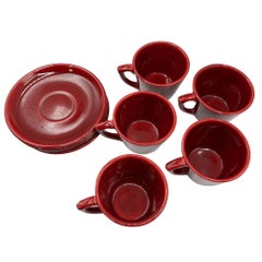 Mid-Century Burgundy "La Linda" Ceramic Coffee Mug w/ Saucer by Bauer, Set of 5