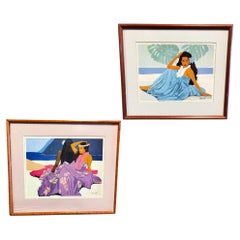 "Wahine" & "Lei Wahine" Lithographs Prints by Luigi Fumagalli in Koa Frame, Pair