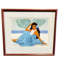 „Wahine“ & „Lei Wahine“ – Lithografien von Luigi Fumagalli in Koa-Rahmen, Paar