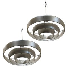 Mid-Century "Saturn" Ceiling Aluminum 19" Pendant by Kurt Versen, Pair