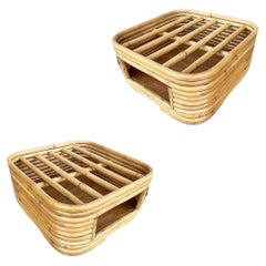Restored Stacked Rattan Footrest Ottoman with Cubby Space, Pair