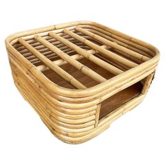 Restored Stacked Rattan Footrest Ottoman with Cubby Space, Pair